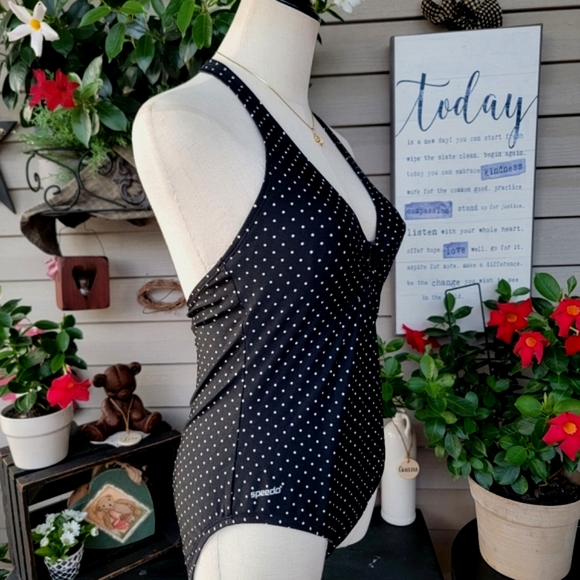 SPEEDO ♡ Sweet 1pc Black 'n White Polka Dot Low V Padded Bralette Swimsuit 10 - Picture 2 of 16